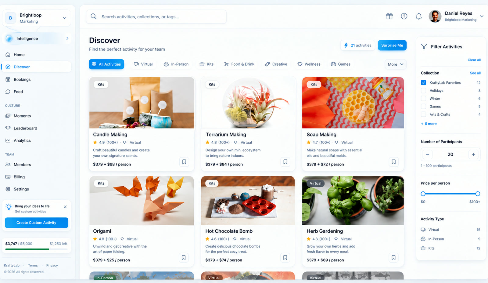 KraftyLab Discover page with a catalog of team activities, ratings, and filters